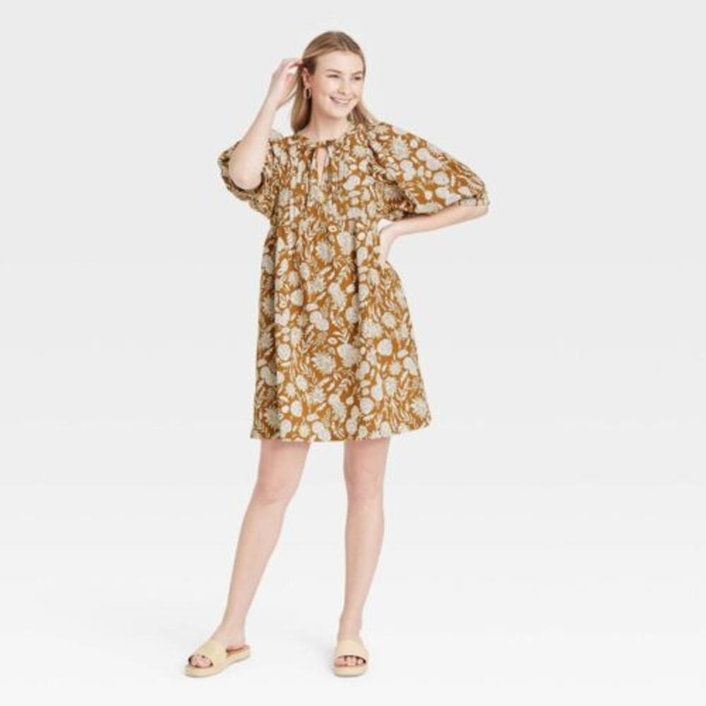 Universal Thread Floral Cotton Babydoll Dress Medium Mustard Ivory Boho EUC